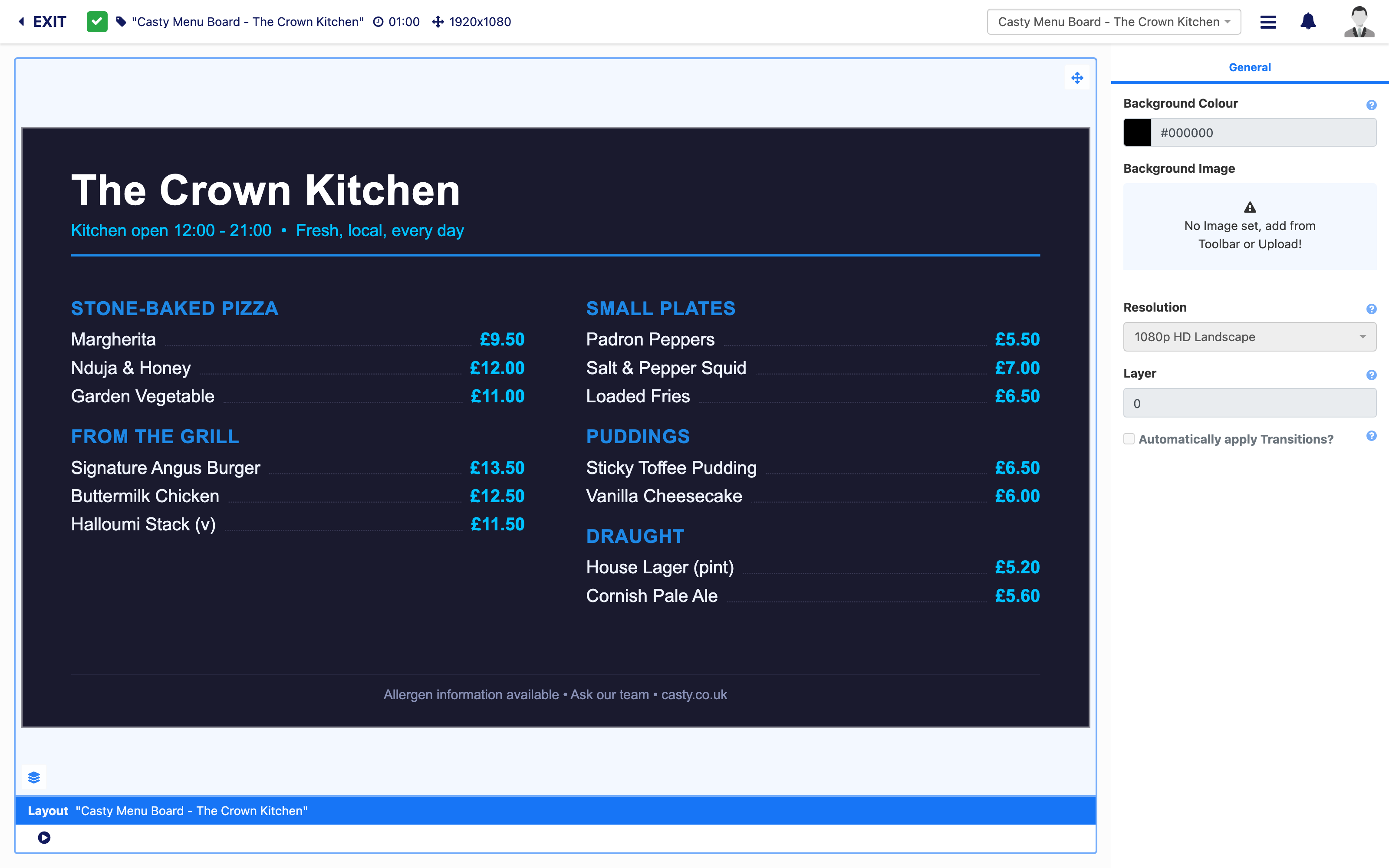 The Casty layout designer with content zones on a canvas