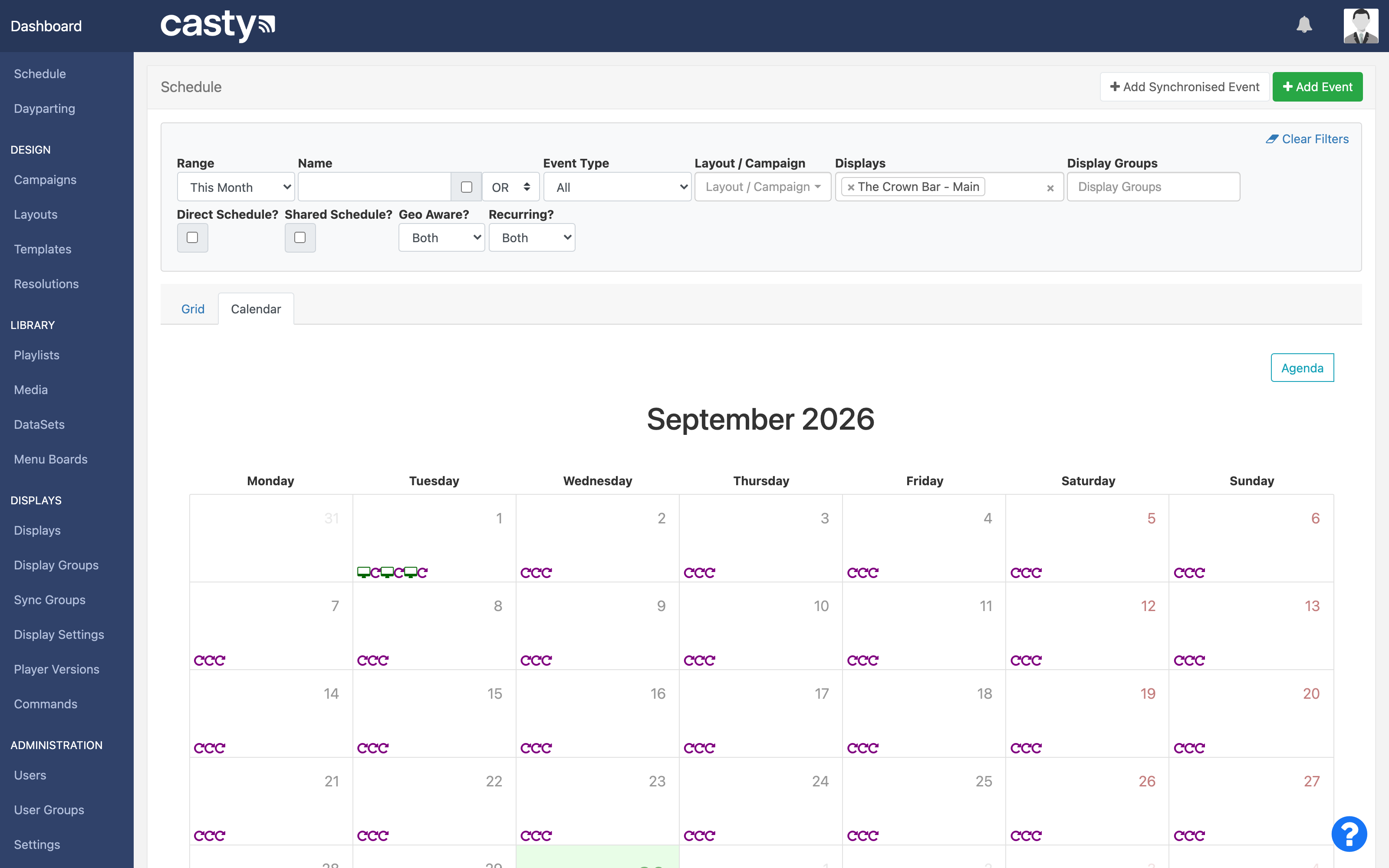 The Casty scheduling calendar with dayparts and recurring events