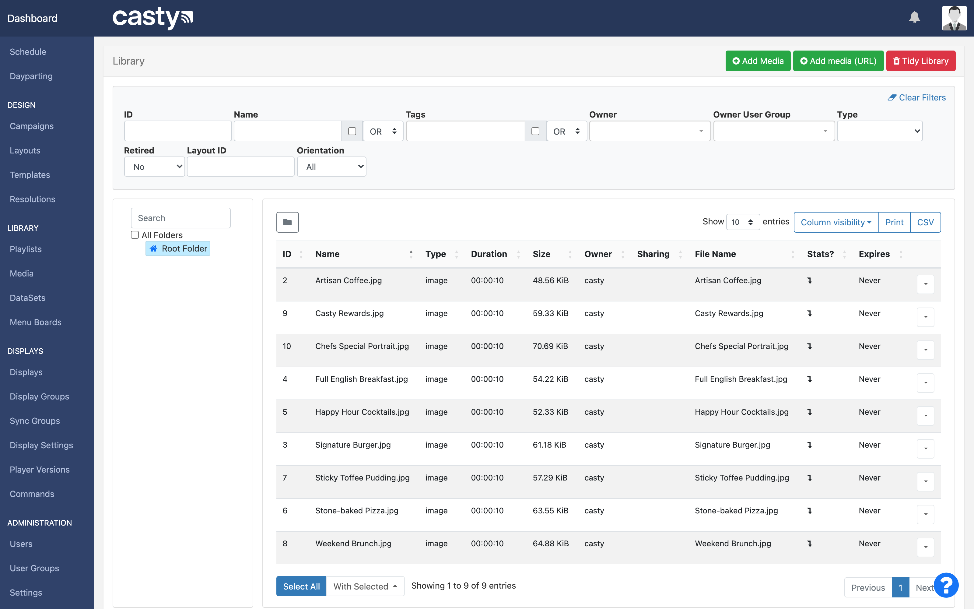 Casty media library with uploaded content